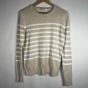 Gap For Good Sweater Women Medium Beige White Stripe Crewneck Knit Long Sleeve